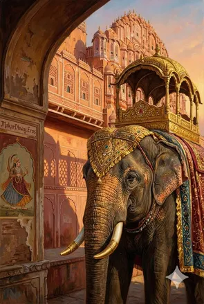 Decorated elephant before Hawa Mahal
